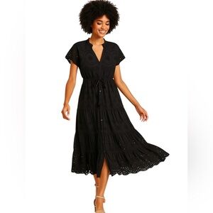 Soft Surroundings Black Tiered Eyelet Maxi Dress, Boho-Inspired, Chic, S
